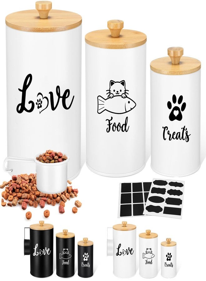 Reallnaive Metal Airtight Cat Treat Container Set of 3 with Bamboo Lids and Spoon Cat Food Storage Container with DIY Labels Pen Pet Cookie Snack Food Storage Organizer Jars for Kitchen Counter(White) - Image 1
